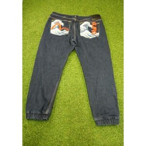Evisu Jeans Mens 34‎ Blue Embroidered Logo Sunami Wave Pockets Denim Tapered Leg